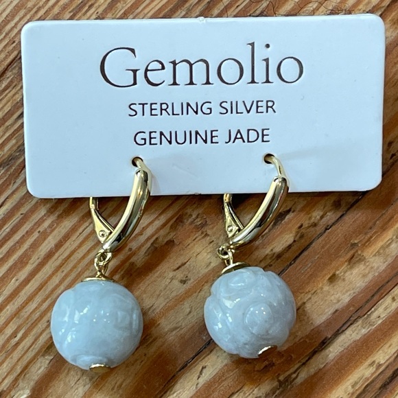 Gem Jewelry - Gemolio carved round Jade earrings marked Sterling Silver w/ a gold tone